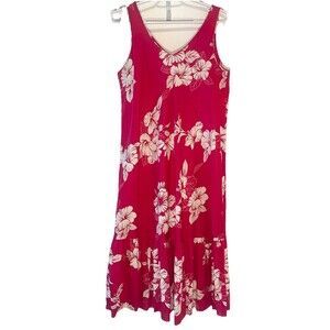 Hilo Hattie Hawaiian Tropical Hibiscus Dress Red Luau Sundress M Midi Floral